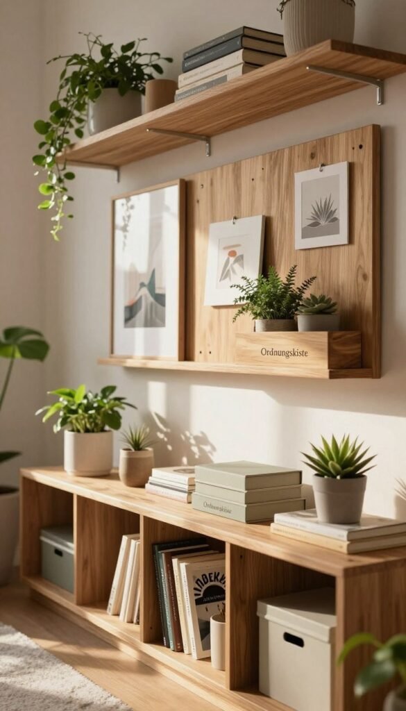 A contemporary living space featuring beautifully arranged open shelves and wall boards, showcasing the brand "Ordnungskiste" in elegantly designed wooden finishes. In the foreground, focus on a stylish shelf filled with neatly organized books, decorative plants, and minimalist storage boxes. The middle ground includes a wall-mounted board displaying art and small plants, ensuring space efficiency. In the background, a softly lit room with warm tones enhances the inviting atmosphere, illuminated by natural sunlight filtering through a window. The composition captures a Pinterest-worthy aesthetic, emphasizing modern organization without clutter. Use a slight angle to provide depth, highlighting the harmony between functionality and style, while keeping the setting authentic and professional. A contemporary living space featuring beautifully arranged open shelves and wall boards, showcasing the brand "Ordnungskiste" in elegantly designed wooden finishes. In the foreground, focus on a stylish shelf filled with neatly organized books, decorative plants, and minimalist storage boxes. The middle ground includes a wall-mounted board displaying art and small plants, ensuring space efficiency. In the background, a softly lit room with warm tones enhances the inviting atmosphere, illuminated by natural sunlight filtering through a window. The composition captures a Pinterest-worthy aesthetic, emphasizing modern organization without clutter. Use a slight angle to provide depth, highlighting the harmony between functionality and style, while keeping the setting authentic and professional.