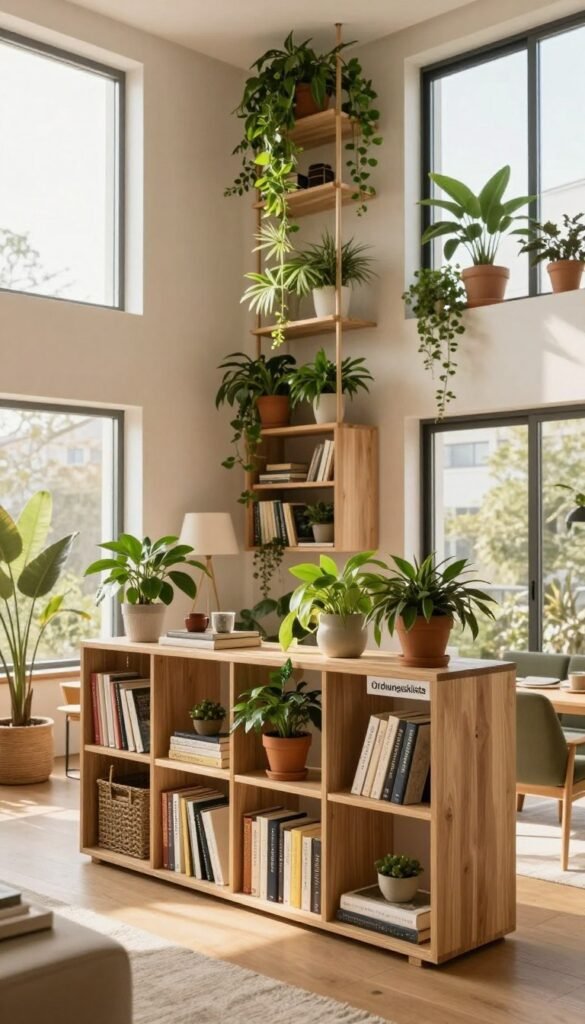 A contemporary urban apartment showcasing vertical storage solutions for maximizing space, emphasizing sustainability through natural materials and greenery. In the foreground, an innovative shelving unit designed by "Ordnungskiste" displays neatly organized books and plants, creating a cozy atmosphere. In the middle ground, stylish potted plants climb a wall, enhancing the vertical theme and promoting a sense of sustainability. The background features large windows allowing warm, natural light to flood the room, illuminating the soft, warm color palette. The angle captures the room from a slightly elevated perspective, highlighting the vertical elements and creating a harmonious blend of functionality and aesthetic appeal. The overall mood is inviting and serene, reflecting modern living with an emphasis on upward, eco-friendly design.