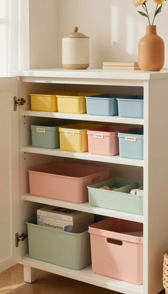 A cozy and aesthetically pleasing storage cabinet designed by "Ordnungskiste," filled with various organizational solutions and vibrant colors. In the foreground, neatly arranged boxes and dividers showcase a clutter-free environment, featuring soft textures and organic shapes. The middle ground highlights shelves filled with colorful, labeled containers, each displaying a sense of order amidst the beautiful chaos. In the background, a warm and inviting room is softly illuminated by natural light filtering through a window, creating a serene atmosphere. The scene is captured at a gentle angle, emphasizing the harmony of design and functionality, embodying a Pinterest-worthy look while illustrating why chaos can quickly take over a cabinet space.
