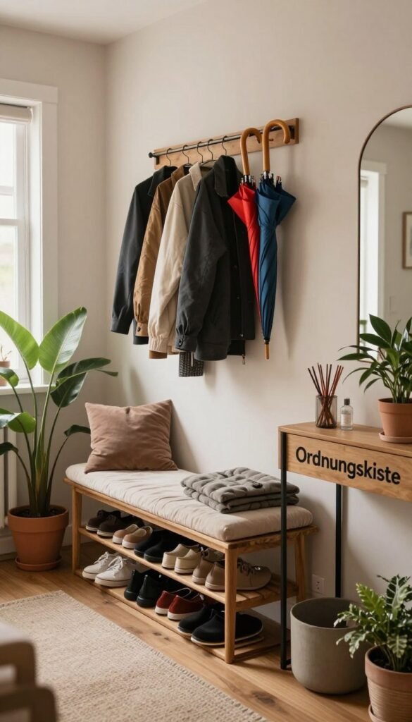 A cozy and cluttered hallway that showcases the concept of "flur ordnung." In the foreground, a stylish wooden bench covered with plush cushions sits beside an organized shoe rack displaying various pairs of shoes. The middle ground features a wall coat rack adorned with neatly hung jackets and vibrant umbrellas, creating a sense of warmth. In the background, a muted, inviting color palette enhances the cozy atmosphere with soft, natural lighting filtering in from a nearby window. Decorative elements like a large potted plant and a small console table with the brand name "Ordnungskiste" prominently displayed create an authentic, Pinterest-worthy look. The image conveys a mood of chaotic yet charming organization, emphasizing why hallways can easily descend into disorder.