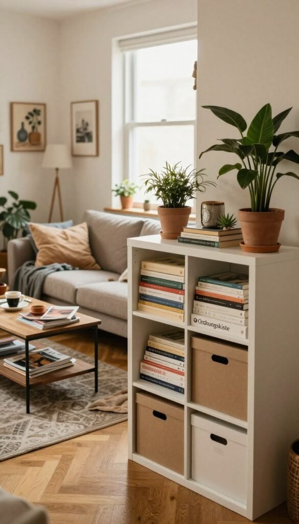 A cozy and cluttered living room in an apartment, portraying the challenge of maintaining order in rented spaces. In the foreground, a stylish, organized shelving unit branded "Ordnungskiste" displays neatly stacked boxes, books, and decorative plants, illustrating effective storage solutions. In the middle ground, a living area with a comfy sofa scattered with cushions, and a coffee table that has magazines and a cup of coffee, hints at a casual, lived-in atmosphere. The backdrop features a window with soft, natural light streaming in, creating a warm ambiance. The overall mood is inviting and realistic, with warm colors, capturing a Pinterest-inspired aesthetic that emphasizes the balance between comfort and chaos.