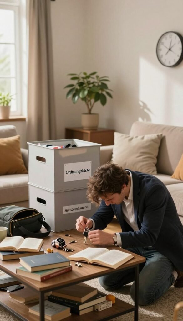 A cozy and cluttered living room scene illustrating "schl&uuml;ssel suche." In the foreground, a distressed individual wearing smart casual attire kneels beside a small coffee table cluttered with various items like books, a half-opened bag, and small trinkets, searching frantically for their keys. In the middle ground, a stylish, organized storage box labeled &ldquo;Ordnungskiste&rdquo; stands out, hinting at solutions to the chaos. The background shows a well-lit room with warm, inviting colors, soft natural light streaming through a window, casting gentle shadows. A decorative plant adds a touch of greenery, while an unobtrusive clock on the wall symbolizes the stress of time slipping away. The overall atmosphere is one of mild frustration mixed with a hopeful quest for order and calmness.