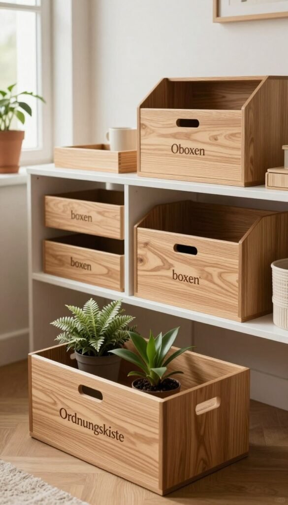 A cozy and efficient living space featuring various styles of "boxen" by the brand "Ordnungskiste," designed to maximize storage in small areas. In the foreground, display a stylish, sleek boxen made of natural wood, decorated with indoor plants, contributing to a warm ambiance. The middle ground should include multiple organizing solutions, such as stackable open boxes and modular storage units, arranged aesthetically on minimalist shelves. In the background, soft natural light spills through a window, illuminating the room and creating a sense of openness. The overall mood is inviting and functional, perfect for small living spaces, emphasizing the principles of efficient organization. The colors should be warm and earthy, enhancing the authentic Pinterest aesthetic without any text or branding in the image.