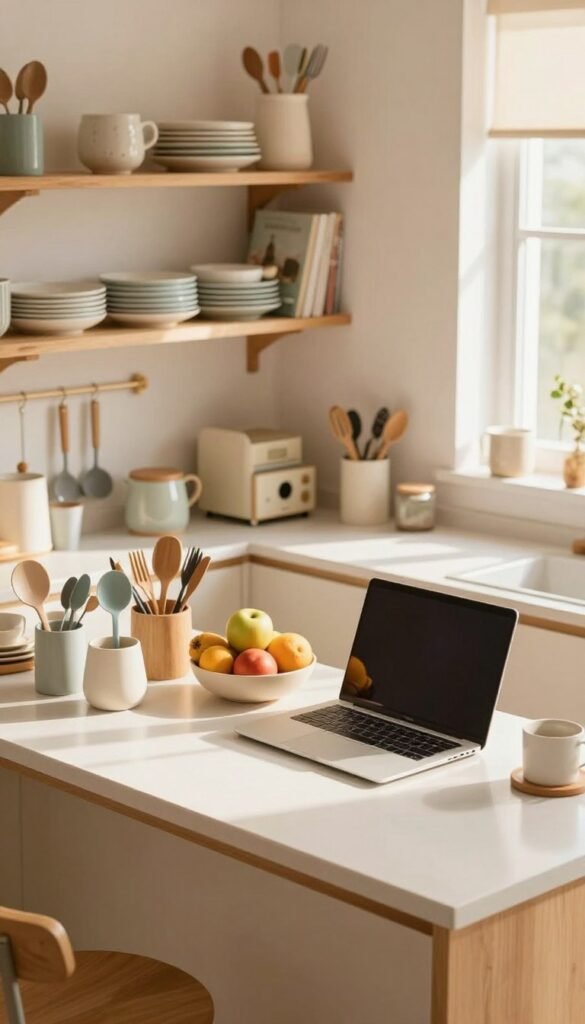 A cozy and efficiently organized small kitchen workspace featuring a modern countertop with minimalistic design. The foreground includes neatly arranged utensils, a laptop, and colorful fruits in a bowl. The middle ground showcases open shelves filled with neatly stacked dishes and cookbooks, emphasizing an airy feel. In the background, a window allows natural light to pour in, creating a warm and inviting atmosphere with soft shadows. The color palette consists of warm tones, like soft wood and pastel accents, reflecting a Pinterest-inspired aesthetic. The scene evokes a sense of tranquility and inspiration for maximizing kitchen space without feeling cramped, captured from a slight high-angle perspective to highlight the workspace's layout.