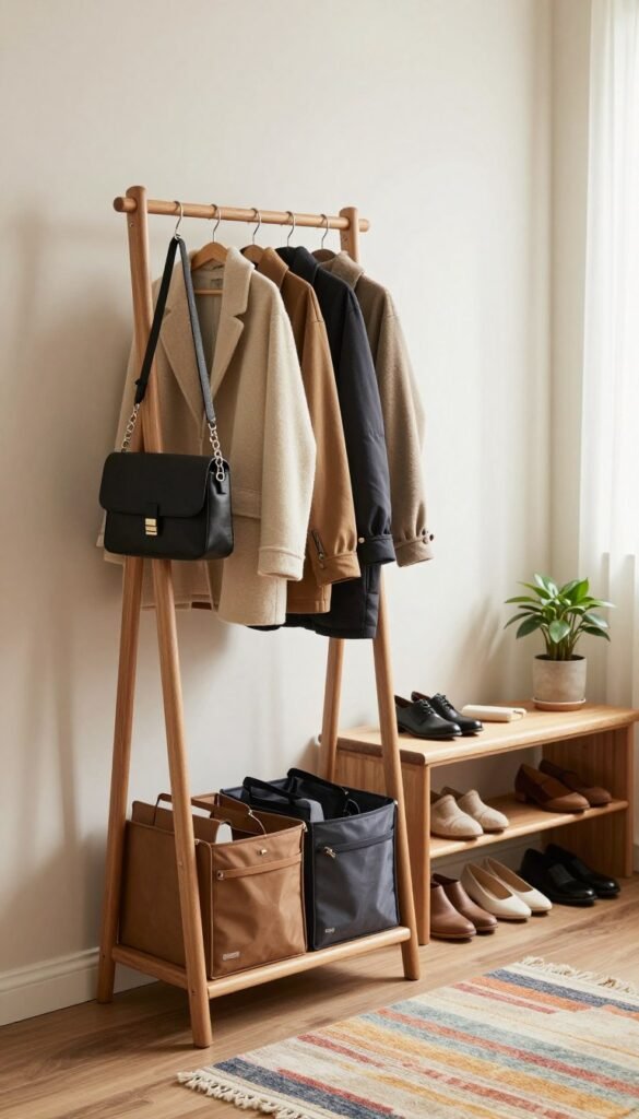 A cozy and functional coat organizer setup in a well-lit entryway, featuring the "Ordnungskiste" brand design. In the foreground, a sleek, modern wooden coat rack with neatly hung jackets and bags, incorporating warm wooden tones. A colorful rug lies beneath, adding a touch of comfort. The middle ground shows a stylish shoe bench adorned with neatly arranged shoes and a small potted plant that brings a breath of life to the scene. In the background, soft natural light filters through a window, creating an inviting atmosphere. The overall mood conveys a sense of tranquility and efficiency, illustrating the functional beauty of a stress-free morning routine. The image is captured with a soft focus lens to enhance the warmth and authenticity, avoiding any distracting elements or text.