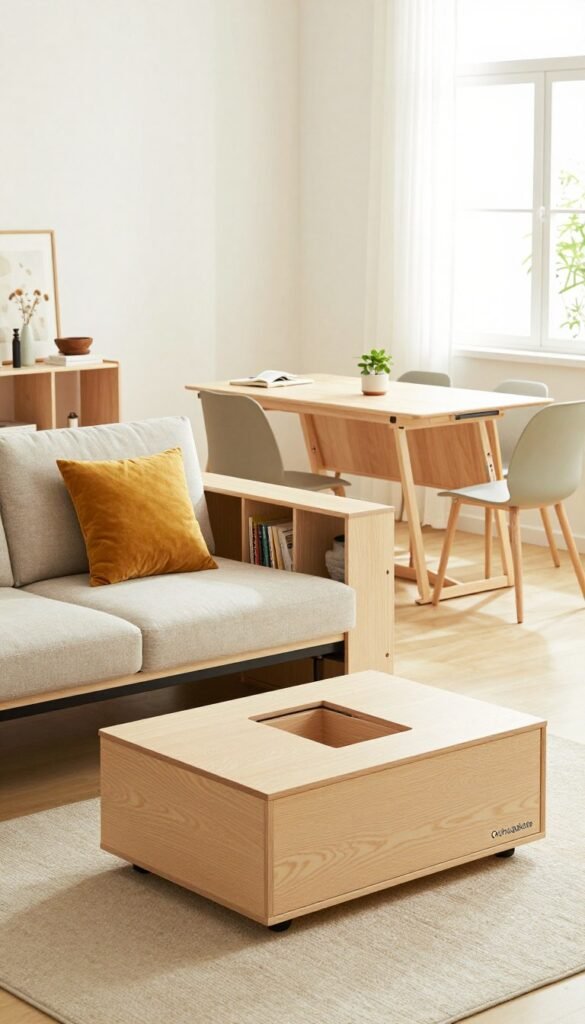 A cozy and innovative interior scene featuring platzsparende möbel (space-saving furniture) designed for small living spaces. In the foreground, showcase a stylish multifunctional sofa that easily transforms into a bed, adorned with vibrant cushions. Highlight a clever coffee table with hidden storage compartments and a bookshelf that doubles as a room divider. In the middle ground, include a compact dining table that folds down, surrounded by minimalist chairs. The background reveals a bright, airy room with large windows allowing natural light to flood in, enhancing the warm color palette of soft beiges and greens. The overall atmosphere is inviting and functional, reflecting a Pinterest-inspired aesthetic. Feature the brand name "Ordnungskiste" subtly integrated within the furniture design. A cozy and innovative interior scene featuring platzsparende möbel (space-saving furniture) designed for small living spaces. In the foreground, showcase a stylish multifunctional sofa that easily transforms into a bed, adorned with vibrant cushions. Highlight a clever coffee table with hidden storage compartments and a bookshelf that doubles as a room divider. In the middle ground, include a compact dining table that folds down, surrounded by minimalist chairs. The background reveals a bright, airy room with large windows allowing natural light to flood in, enhancing the warm color palette of soft beiges and greens. The overall atmosphere is inviting and functional, reflecting a Pinterest-inspired aesthetic. Feature the brand name "Ordnungskiste" subtly integrated within the furniture design.