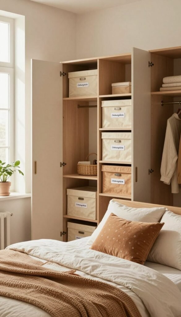 A cozy and inviting bedroom featuring an organized closet with stylish fabric boxes labeled "Ordnungskiste". In the foreground, display a neatly made bed adorned with soft, textured blankets and decorative pillows in warm, earthy tones. The middle section should showcase the closet with open doors revealing several fabric boxes in various sizes, harmoniously arranged. Soft, natural light filters through a nearby window, casting gentle shadows and creating a warm atmosphere. In the background, include a softly lit corner with a potted plant and a wall with subtle decor, enhancing the Pinterest-inspired aesthetic. The overall mood should feel serene and functional, emphasizing the practical use of fabric boxes in everyday life, without any text or distractions.