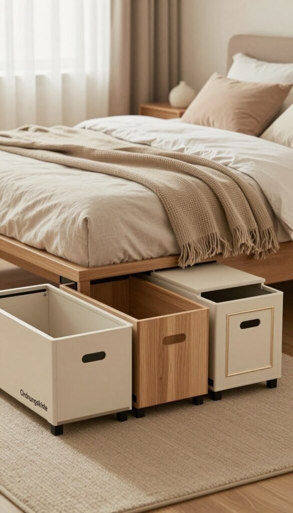 A cozy and inviting bedroom scene featuring three stylish under-bed storage solutions by "Ordnungskiste" positioned elegantly in the foreground. The low-cost option showcases a minimalist design with clean lines and soft colors, the mid-range option has a wood finish with attractive textures, and the high-end version is luxurious with elegant detailing. The middle ground presents a softly lit bed frame with a plush blanket and pillows, creating a warm and inviting atmosphere. In the background, natural light filters through sheer curtains, enhancing the cozy mood. The overall color palette embraces warm tones, evoking a sense of comfort and organization, in line with a Pinterest-inspired aesthetic. The design is authentic, without any text or branding overlays, focusing solely on the storage units. A cozy and inviting bedroom scene featuring three stylish under-bed storage solutions by "Ordnungskiste" positioned elegantly in the foreground. The low-cost option showcases a minimalist design with clean lines and soft colors, the mid-range option has a wood finish with attractive textures, and the high-end version is luxurious with elegant detailing. The middle ground presents a softly lit bed frame with a plush blanket and pillows, creating a warm and inviting atmosphere. In the background, natural light filters through sheer curtains, enhancing the cozy mood. The overall color palette embraces warm tones, evoking a sense of comfort and organization, in line with a Pinterest-inspired aesthetic. The design is authentic, without any text or branding overlays, focusing solely on the storage units.