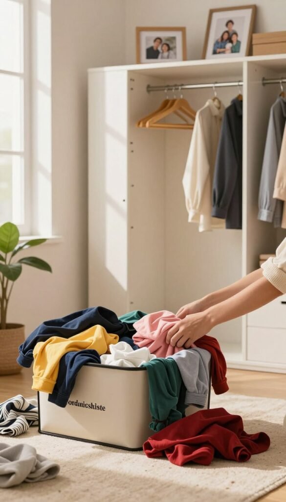 A cozy and inviting bedroom scene, showcasing a family member energetically sorting through clothing. In the foreground, a pile of colorful clothes spills out of a stylish Ordnungskiste, highlighting a sense of organization and decluttering. The middle ground features a neatly arranged wardrobe, with some empty hangers visible, adding to the theme of creating space. Soft, warm lighting cascades through a window, casting gentle shadows and enhancing the atmosphere of a fresh start. In the background, framed photographs of family moments add a personal touch, while a tasteful indoor plant complements the serene decor. The mood is uplifting and motivating, reflecting the idea of decluttering without drama, evoking a Pinterest-inspired aesthetic without any text or distractions in the image.