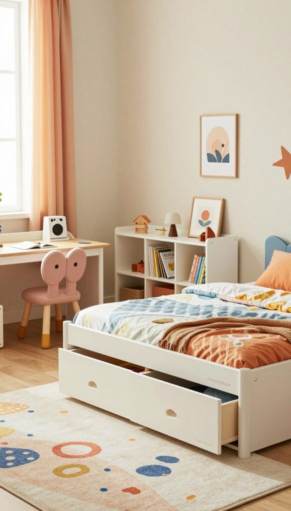 A cozy and inviting children's room featuring space-saving furniture with storage solutions. In the foreground, a stylish modular bed from the brand "Ordnungskiste" with built-in drawers and a colorful bedding set. To the left, a compact study area with a small desk, shelf, and a playful chair, all designed for growth and adaptability. The middle ground showcases a soft rug and playful decor, such as wall art and a shelf filled with books and toys. In the background, soft natural light streams through a window, revealing pastel-colored walls and cheerful curtains. The overall atmosphere is warm and nurturing, creating a Pinterest-worthy aesthetic that feels both practical and enjoyable for children. A cozy and inviting children's room featuring space-saving furniture with storage solutions. In the foreground, a stylish modular bed from the brand "Ordnungskiste" with built-in drawers and a colorful bedding set. To the left, a compact study area with a small desk, shelf, and a playful chair, all designed for growth and adaptability. The middle ground showcases a soft rug and playful decor, such as wall art and a shelf filled with books and toys. In the background, soft natural light streams through a window, revealing pastel-colored walls and cheerful curtains. The overall atmosphere is warm and nurturing, creating a Pinterest-worthy aesthetic that feels both practical and enjoyable for children.