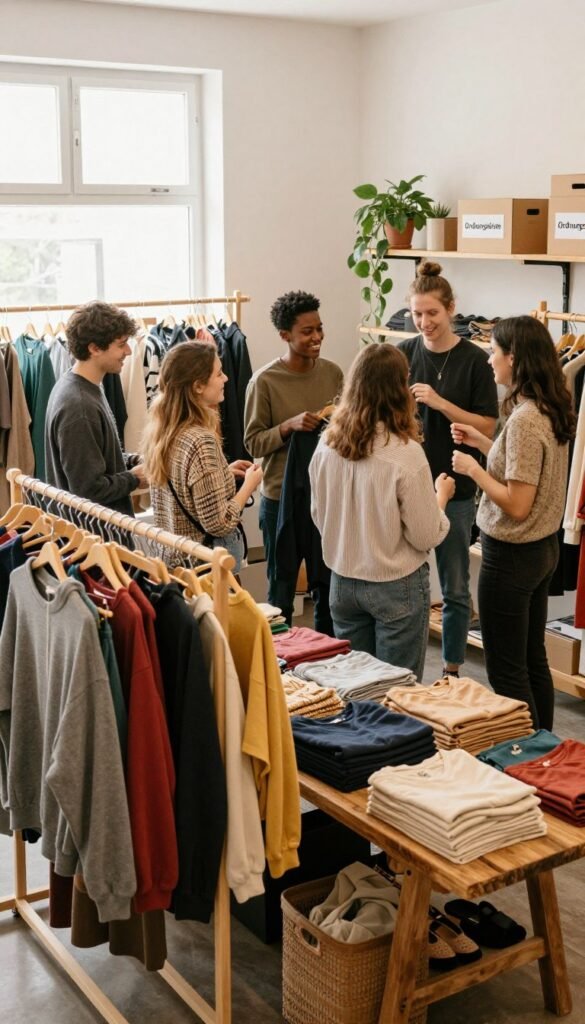 A cozy and inviting clothing swap space, featuring a beautifully organized area filled with an array of stylish garments. In the foreground, a neatly arranged display of colorful clothes hanging on wooden racks, accompanied by well-folded items on a rustic table. In the middle, a group of diverse individuals dressed in modest casual clothing, engaged in joyful conversation while exchanging clothing items. The background showcases warm, natural lighting streaming through a window, illuminating the scene and creating a Pinterest-worthy aesthetic. The space is adorned with decorative plants and various size boxes labeled "Ordnungskiste" for added organization. The mood is friendly and relaxed, emphasizing a sense of community and creativity in wardrobe recycling. A cozy and inviting clothing swap space, featuring a beautifully organized area filled with an array of stylish garments. In the foreground, a neatly arranged display of colorful clothes hanging on wooden racks, accompanied by well-folded items on a rustic table. In the middle, a group of diverse individuals dressed in modest casual clothing, engaged in joyful conversation while exchanging clothing items. The background showcases warm, natural lighting streaming through a window, illuminating the scene and creating a Pinterest-worthy aesthetic. The space is adorned with decorative plants and various size boxes labeled "Ordnungskiste" for added organization. The mood is friendly and relaxed, emphasizing a sense of community and creativity in wardrobe recycling.