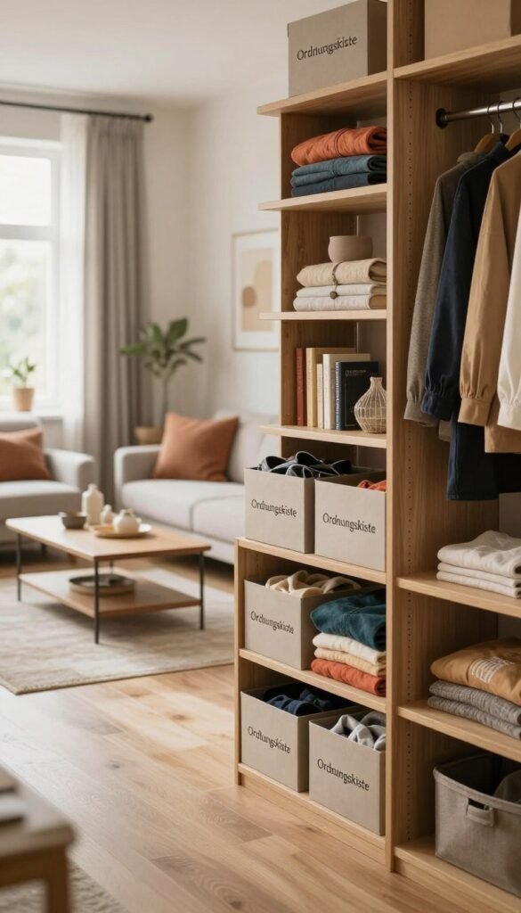 A cozy and inviting home interior featuring a well-organized closet and living space that reflects a sense of order and calmness. In the foreground, a neatly arranged set of shelves and boxes labeled &ldquo;Ordnungskiste&rdquo;, filled with colorful clothes, books, and decorative items. The middle ground showcases a stylish living area with a clean coffee table and plush cushions, creating an effortlessly tidy atmosphere. In the background, soft natural light filters through large windows, illuminating warm, earthy tones in the decor, enhancing the tranquil vibe. The overall mood should evoke a sense of peace and harmony, suggesting that a well-organized space can alleviate stress and improve well-being. No people are present in the image, focusing entirely on the beautifully arranged environment.