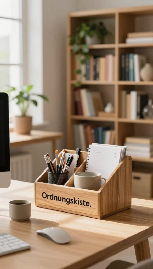A cozy and inviting home office scene, showcasing an organized workspace inspired by the concept of "ordnung schaffen." In the foreground, a neatly arranged desk features a stylish wooden organizer labeled "Ordnungskiste," filled with office supplies and stationery, all in warm, natural tones. The middle ground reveals a large bookshelf, harmoniously sorted by color and size, with plants placed artistically among the books. In the background, soft, diffused natural light streams through a window, casting gentle shadows, and illuminating the space. The atmosphere feels calm and productive, with a minimalist aesthetic that highlights the beauty of simplicity and order, creating a Pinterest-worthy ambiance that emphasizes clarity and focus. A cozy and inviting home office scene, showcasing an organized workspace inspired by the concept of "ordnung schaffen." In the foreground, a neatly arranged desk features a stylish wooden organizer labeled "Ordnungskiste," filled with office supplies and stationery, all in warm, natural tones. The middle ground reveals a large bookshelf, harmoniously sorted by color and size, with plants placed artistically among the books. In the background, soft, diffused natural light streams through a window, casting gentle shadows, and illuminating the space. The atmosphere feels calm and productive, with a minimalist aesthetic that highlights the beauty of simplicity and order, creating a Pinterest-worthy ambiance that emphasizes clarity and focus.