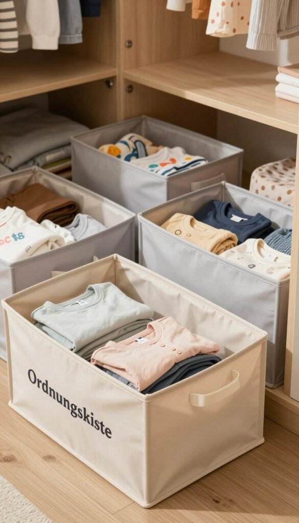 A cozy and inviting interior scene featuring a neatly organized clothing storage area. In the foreground, display a stylish "Ordnungskiste" foldable fabric storage box, elegantly designed in soft beige and light gray colors, filled with neatly folded clothes. In the middle, include additional organizer boxes of varying sizes, showcasing a variety of clothing items such as t-shirts, sweaters, and kids' clothing, all meticulously arranged. The background offers a glimpse of a well-organized wardrobe with wooden shelves and soft lighting highlighting the warm tones of the room. Use natural daylight to create a bright and welcoming atmosphere, emphasizing the importance of organization in family spaces. Capture this scene from a slightly elevated angle to give a clear view of the organized structures without any text or distracting elements.