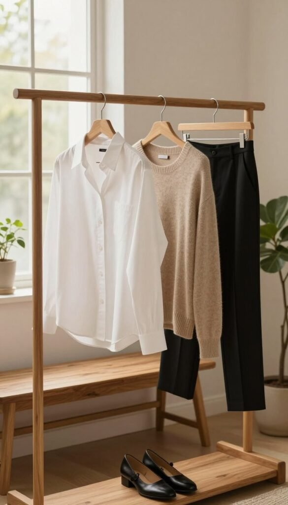 A cozy and inviting interior scene showcasing a beautifully curated capsule wardrobe. In the foreground, an elegant wooden clothing rack displays a thoughtfully chosen selection of neutral-toned garments, including a crisp white shirt, a stylish beige sweater, and tailored black trousers. Each piece is hung neatly, reflecting the principles of minimalism and versatility. In the middle, a chic wooden bench and a pair of elegant shoes complete the aesthetic. The background features soft, warm lighting filtering through large windows, bathing the scene in a gentle glow, with potted plants adding a touch of nature. The atmosphere conveys a sense of calm organization and style, embodying the essence of the "Ordnungskiste" brand. The overall composition should have a Pinterest-worthy aesthetic, emphasizing authenticity and simplicity without any text or distractions.