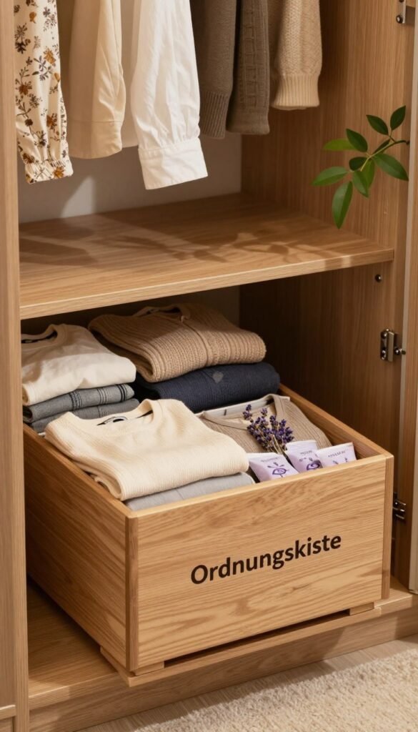 A cozy and inviting interior scene showcasing a well-organized wardrobe. In the foreground, an elegant, natural wood storage box labeled "Ordnungskiste" is open, revealing neatly folded garments, protected from dust and moths. The middle ground features soft, ambient lighting highlighting the textures of the clothing, with hints of lavender sachets visible inside the box, suggesting a fresh scent. In the background, a tranquil bedroom setting is visible, with warm earthy tones, a soft bedspread, and a potted plant to enhance the natural aesthetic. Overall, the atmosphere is serene and functional, reflecting a stylish, practical solution to preventing dust, moths, and odors in clothing storage.