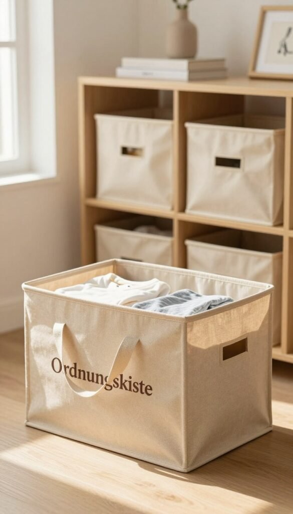 A cozy and inviting living space featuring a stylish "Ordnungskiste" fabric folding box designed for storage. In the foreground, the folding box is displayed prominently, showcasing its soft textured fabric and convenient handles, perfect for organizing T-shirts, laundry, or toys. The box is in a warm beige color with subtle patterns, enhancing the welcoming atmosphere. In the middle ground, an organized shelf or cabinet reveals multiple stacked fabric boxes, all in harmonious colors that create a Pinterest-worthy aesthetic. The background is softly blurred, hinting at a well-decorated room with natural lighting streaming through a window, casting gentle shadows that add warmth and depth to the scene. The overall mood is calm, organized, and stylish, ideal for showcasing practical storage solutions.
