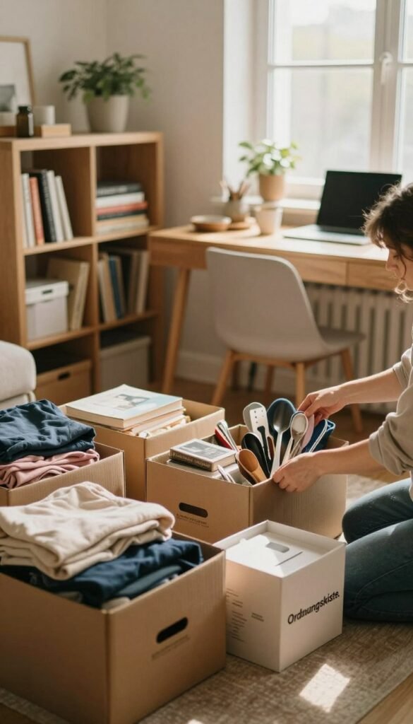 A cozy and inviting room filled with natural light, showcasing a person in modest casual clothing, diligently decluttering and organizing a space. In the foreground, the individual is sorting through a variety of items&mdash;clothes, books, and kitchen utensils&mdash;all neatly arranged in labeled boxes from the brand "Ordnungskiste." The middle ground features a tidy, half-empty bookshelf and a beautifully organized workspace, while the background includes a window with soft, warm sunlight streaming in, casting gentle shadows. The mood is calm and focused, reflecting a sense of tranquility and productivity, with a Pinterest-inspired aesthetic that emphasizes natural colors and authenticity.