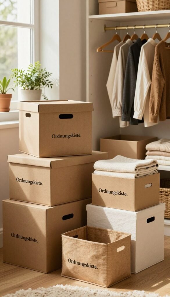 A cozy and inviting scene showcasing various storage solutions for clothing, emphasizing the brand "Ordnungskiste." In the foreground, display a selection of beautifully designed storage boxes and bins made of natural materials, featuring warm colors and textures. The middle ground includes a neatly organized closet with stylish hangers and clothing neatly folded in the Ordnungskiste boxes. Soft, natural light filters in through a window, creating a warm atmosphere. In the background, decorate with plants and soft textiles for a Pinterest-like aesthetic. The overall mood is calm and organized, promoting a clutter-free lifestyle. No text or branding overlays are present; the focus remains on the beauty and functionality of the storage solutions.