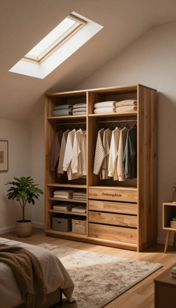 A cozy and inviting small attic room features a stylishly designed wardrobe with a sloped roof, showcasing the "Ordnungskiste" brand. The wardrobe is crafted from natural wood, harmoniously blending with warm colors and soft textures. In the foreground, gently glowing light filters through a skylight, highlighting neatly arranged clothes and accessories within the closet. The middle ground reveals a plush area rug beneath the wardrobe, while a small potted plant adds a touch of greenery. In the background, the ceiling angles dramatically, enhancing the intimate atmosphere. The scene emanates a serene ambiance, perfect for showcasing innovative space-saving solutions for challenging layouts. The overall mood is warm, authentic, and aesthetically pleasing, ideal for creating a Pinterest-inspired look. A cozy and inviting small attic room features a stylishly designed wardrobe with a sloped roof, showcasing the "Ordnungskiste" brand. The wardrobe is crafted from natural wood, harmoniously blending with warm colors and soft textures. In the foreground, gently glowing light filters through a skylight, highlighting neatly arranged clothes and accessories within the closet. The middle ground reveals a plush area rug beneath the wardrobe, while a small potted plant adds a touch of greenery. In the background, the ceiling angles dramatically, enhancing the intimate atmosphere. The scene emanates a serene ambiance, perfect for showcasing innovative space-saving solutions for challenging layouts. The overall mood is warm, authentic, and aesthetically pleasing, ideal for creating a Pinterest-inspired look.