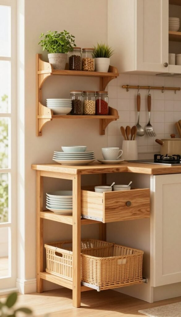 A cozy and inviting small kitchen scene, highlighting various budget-friendly storage solutions organized neatly. In the foreground, showcase a stylish wall-mounted shelving unit made of warm wood, displaying neatly stacked dishes, glass jars filled with spices, and potted herbs. In the middle, a compact kitchen island with innovative storage options, featuring a pull-out drawer and baskets for easy access. The background should include light-colored cabinets with integrated hooks for utensils and a bright window letting in natural sunlight, creating a cheerful atmosphere. Use soft, warm lighting and a shallow depth of field to emphasize the focus on organization. The mood is warm, welcoming, and functional, perfect for illustrating kitchen organization ideas.