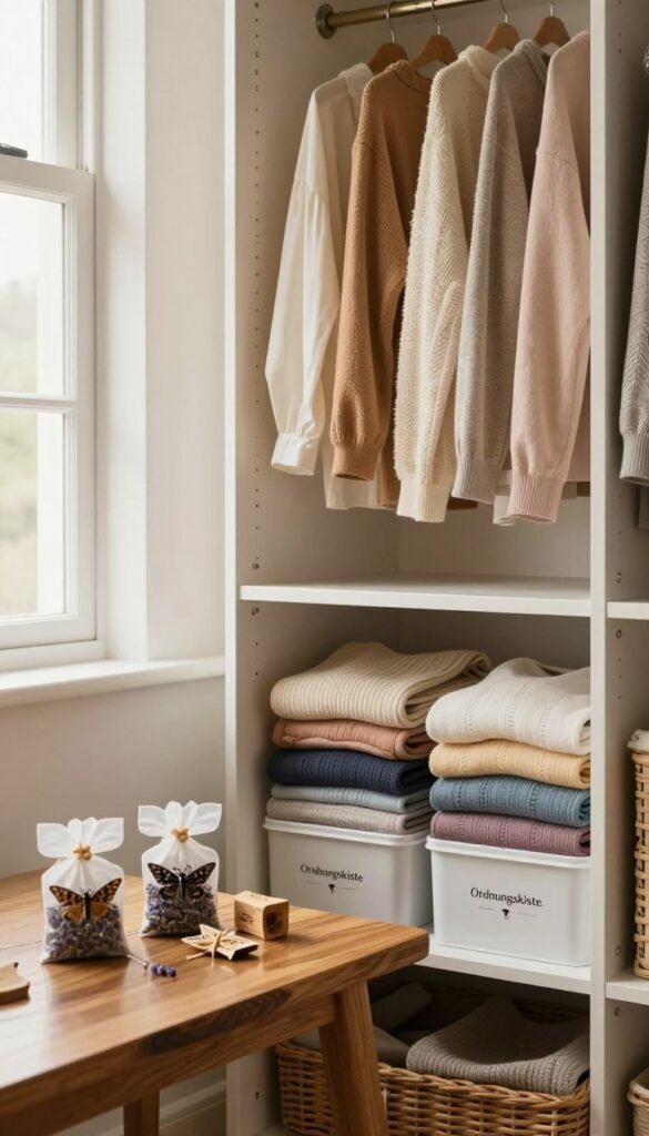 A cozy and inviting storage space featuring a beautifully organized wardrobe, showcasing seasonal clothing neatly folded and stored in stylish containers branded "Ordnungskiste." In the foreground, a small wooden table displays a few natural moth repellents, such as lavender sachets and cedar blocks, which reflect a warm, earthy aesthetic. The middle features a partially open wardrobe with clothes in soft, warm colors like beige and pastel shades, exuding a sense of tranquility. In the background, a window lets in soft, diffused natural light, illuminating the scene and creating gentle shadows. The overall mood is serene and efficient, emphasizing protection against moths, moisture, and dust, with a Pinterest-worthy charm and authenticity, free of any text or clutter.
