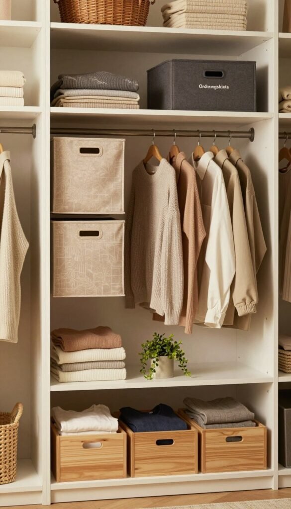 A cozy and inviting wardrobe setup featuring three distinct sections for different budgets: low, mid, and high. In the foreground, display a low-budget setup with simple wooden organizers, neatly folded clothes, and a touch of greenery. In the middle, highlight a mid-range option featuring stylish fabric bins and a combination of hangers for clothes, showcasing more variety and elegance. The background should portray a high-end setup with sleek shelving units and luxury storage solutions, indicative of the brand "Ordnungskiste". Soft, warm lighting casts a gentle glow over the scene, enhancing the natural colors and giving it a Pinterest-inspired aesthetic. The overall mood is organized, functional, and relatable, emphasizing practicality without compromising style.