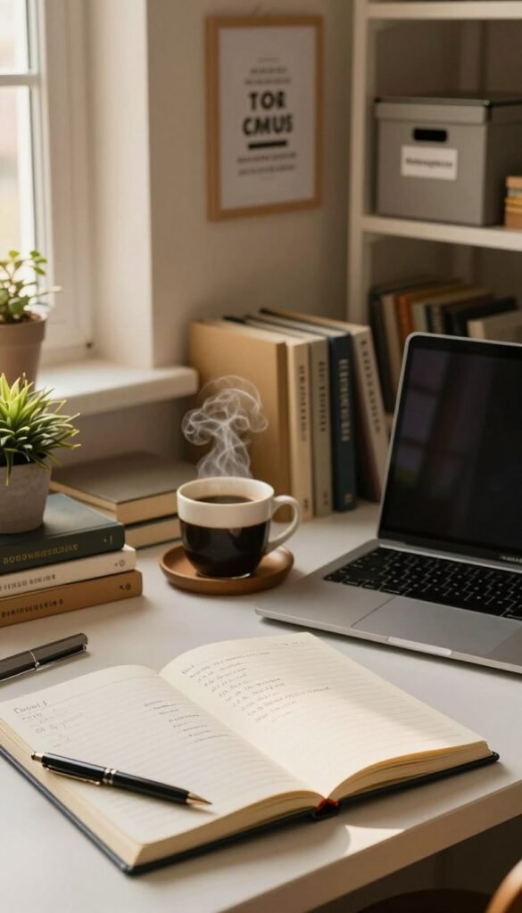 A cozy and inviting workspace scene featuring an organized desk with essential items such as notebooks, a laptop, and a steaming cup of coffee, all harmoniously arranged. In the foreground, a stylish open notebook displays a list of daily tasks against a backdrop of neatly stacked books and a decorative plant. The middle area showcases a wall with motivational artwork, gently illuminated by warm, golden light filtering through a nearby window. In the background, a clutter-free shelf displays orderly storage boxes labeled "Ordnungskiste," emphasizing the theme of organization. The overall mood is calm and productive, capturing the essence of a well-structured routine. Use a soft focus lens to add warmth and a Pinterest aesthetic to the scene. A cozy and inviting workspace scene featuring an organized desk with essential items such as notebooks, a laptop, and a steaming cup of coffee, all harmoniously arranged. In the foreground, a stylish open notebook displays a list of daily tasks against a backdrop of neatly stacked books and a decorative plant. The middle area showcases a wall with motivational artwork, gently illuminated by warm, golden light filtering through a nearby window. In the background, a clutter-free shelf displays orderly storage boxes labeled "Ordnungskiste," emphasizing the theme of organization. The overall mood is calm and productive, capturing the essence of a well-structured routine. Use a soft focus lens to add warmth and a Pinterest aesthetic to the scene.