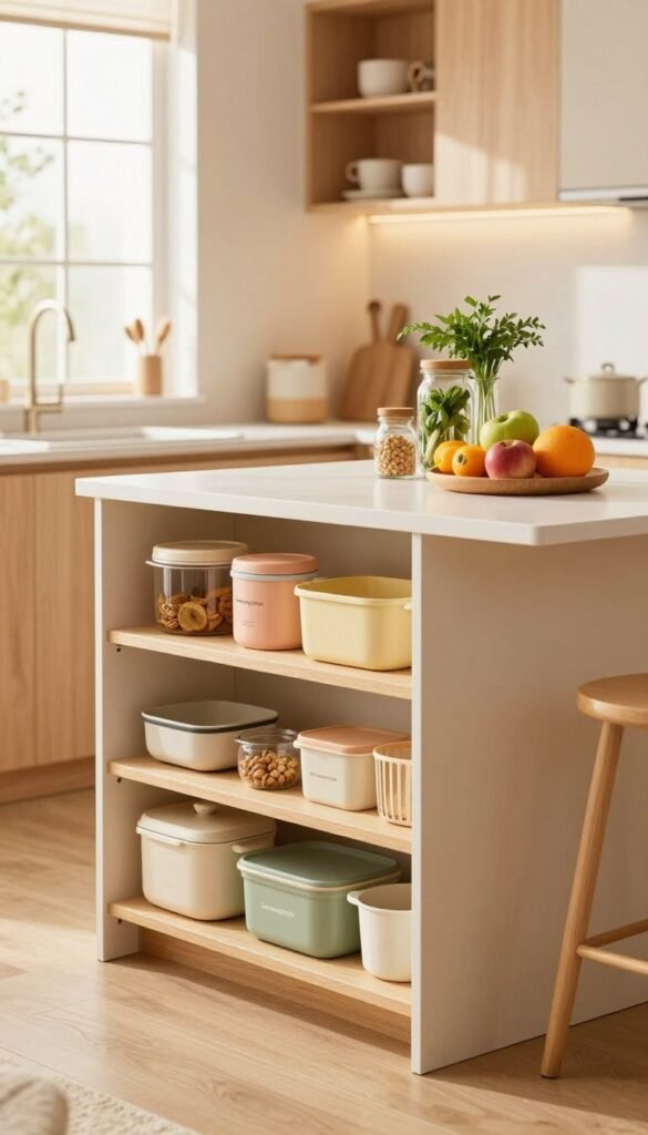 A cozy and modern kitchen scene featuring innovative storage solutions without drilling, showcasing a compact arrangement. In the foreground, beautifully organized shelves displaying the brand name "Ordnungskiste" with colorful containers and kitchen essentials, creating an inviting atmosphere. The middle ground includes a stylish, minimalistic kitchen island with vibrant fruits and herbs in decorative jars, maximizing space efficiently. In the background, soft, warm lighting illuminates the entire space through large windows, accentuating the natural wood and pastel colors. The overall mood is warm and welcoming, evoking inspiration and creativity, with a Pinterest-worthy aesthetic that highlights practicality and beauty in small living spaces.