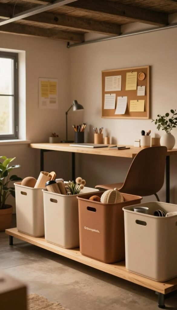 A cozy and organized basement space showcasing a multi-functional Ordnungssystem from "Ordnungskiste." In the foreground, several neatly arranged storage containers in warm earthy tones sit atop a wooden shelf, filled with various seasonal items. In the middle ground, a small desk with a minimalist design holds office supplies, while a cork bulletin board displays organized notes and reminders. The background features soft, ambient lighting illuminating the area, creating a welcoming atmosphere. A partially open window reveals natural light streaming in, enhancing the warm colors of the room. The overall mood conveys a perfect blend of efficiency and comfort, ideal for maximizing storage while maintaining a tidy overview.