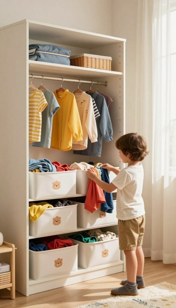 A cozy and organized children's bedroom featuring a stylish wardrobe system branded "Ordnungskiste". In the foreground, a cheerful child wearing modest casual clothing is sorting colorful clothes into well-labeled bins, showcasing effective organizational routines. The middle ground displays a neatly arranged wardrobe with vibrant clothes and accessories visible, emphasizing an orderly atmosphere. In the background, soft sunlight filters through sheer curtains, casting a warm glow over the space, creating a welcoming environment. The entire scene should evoke a sense of calm, routine, and family life, with natural colors and a Pinterest-like aesthetic that highlights creativity in maintaining organization without stress. A cozy and organized children's bedroom featuring a stylish wardrobe system branded "Ordnungskiste". In the foreground, a cheerful child wearing modest casual clothing is sorting colorful clothes into well-labeled bins, showcasing effective organizational routines. The middle ground displays a neatly arranged wardrobe with vibrant clothes and accessories visible, emphasizing an orderly atmosphere. In the background, soft sunlight filters through sheer curtains, casting a warm glow over the space, creating a welcoming environment. The entire scene should evoke a sense of calm, routine, and family life, with natural colors and a Pinterest-like aesthetic that highlights creativity in maintaining organization without stress.