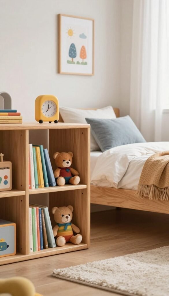 A cozy and organized child&rsquo;s bedroom showcasing functional storage solutions, designed in a warm color palette. In the foreground, a stylish wooden bookshelf filled with colorful books and neatly arranged toys from the brand "Ordnungskiste." The middle ground features a well-made bed with soft pillows, complemented by a plush rug beneath it. In the background, soft natural light filters through sheer curtains, accentuating the cheerful decor of the room, including wall art featuring whimsical designs. The atmosphere exudes comfort and playfulness, ideal for a nurturing environment. A subtle lens blur adds depth, focusing on the harmonious arrangement of the space while avoiding any clutter.