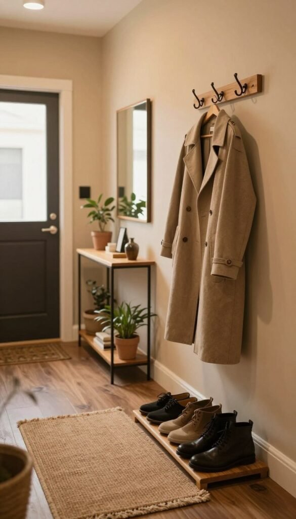 A cozy and organized entrance hall, featuring a stylish rack for shoes and elegant hooks for coats, all made from natural wood. In the foreground, a warm-toned runner rug adds texture and comfort, while a potted plant brings a touch of greenery. The middle ground showcases a small console table with decorative items and a mirror reflecting soft, ambient lighting that highlights the space. In the background, a door to the outside is framed by warm-colored walls, enhancing the inviting atmosphere. The scene captures the essence of order and tranquility in a small corridor, aligning with the concept of "Ordnungskiste". The overall mood is serene and aesthetically pleasing, reminiscent of popular Pinterest decor styles, with no text or branding visible in the image. A cozy and organized entrance hall, featuring a stylish rack for shoes and elegant hooks for coats, all made from natural wood. In the foreground, a warm-toned runner rug adds texture and comfort, while a potted plant brings a touch of greenery. The middle ground showcases a small console table with decorative items and a mirror reflecting soft, ambient lighting that highlights the space. In the background, a door to the outside is framed by warm-colored walls, enhancing the inviting atmosphere. The scene captures the essence of order and tranquility in a small corridor, aligning with the concept of "Ordnungskiste". The overall mood is serene and aesthetically pleasing, reminiscent of popular Pinterest decor styles, with no text or branding visible in the image.
