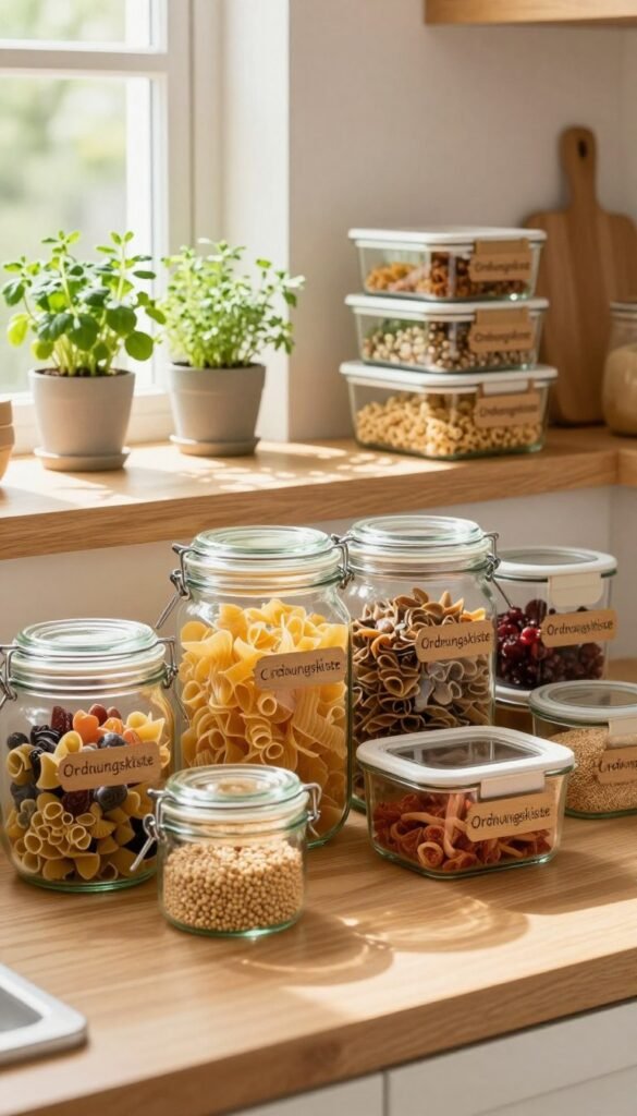 A cozy and organized family kitchen showcasing a variety of "Ordnungskiste" glass storage containers. In the foreground, clear glass jars in different sizes are neatly labeled with rustic wooden tags, filled with colorful pasta, grains, and dried fruits, creating a harmonious and appealing display. In the middle, a light wood countertop is adorned with fresh herbs in small pots, complementing the kitchen's warm, natural color palette. In the background, soft natural light streams through a window, casting gentle shadows and highlighting the inviting atmosphere. The overall mood is serene and efficient, conveying a sense of order and practicality in everyday kitchen life, with a Pinterest-inspired aesthetic and an authentic feel, free from any text or overlays.