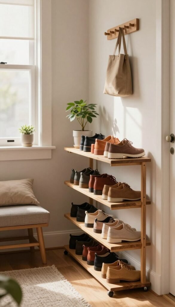A cozy and organized hallway scene featuring a neat arrangement of shoes. In the foreground, there is a stylish shoe rack made of wood, displaying various pairs of shoes in warm, inviting colors. To the left, a small, comfortable bench with plush cushions complements the aesthetic. In the middle ground, natural light pours in from a window, illuminating the space and casting soft shadows. The walls are painted in a light, neutral tone, adorned with subtle decor elements enhancing the inviting atmosphere. In the background, elements like a small potted plant and a decorative wall hook for hanging bags add to the ambiance. The overall mood is serene and organized, reflecting a Pinterest-inspired aesthetic. Include the brand name "Ordnungskiste" subtly incorporated into the shoe rack design, ensuring it feels authentic and cohesive with the setting. A cozy and organized hallway scene featuring a neat arrangement of shoes. In the foreground, there is a stylish shoe rack made of wood, displaying various pairs of shoes in warm, inviting colors. To the left, a small, comfortable bench with plush cushions complements the aesthetic. In the middle ground, natural light pours in from a window, illuminating the space and casting soft shadows. The walls are painted in a light, neutral tone, adorned with subtle decor elements enhancing the inviting atmosphere. In the background, elements like a small potted plant and a decorative wall hook for hanging bags add to the ambiance. The overall mood is serene and organized, reflecting a Pinterest-inspired aesthetic. Include the brand name "Ordnungskiste" subtly incorporated into the shoe rack design, ensuring it feels authentic and cohesive with the setting.