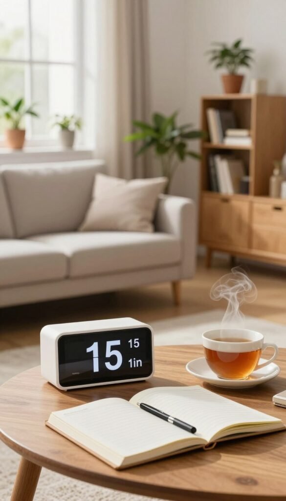 A cozy and organized home environment showcasing effective daily routines for maintaining order. In the foreground, a timer prominently displays 15 minutes, sitting on a wooden table alongside an open planner and a steaming cup of tea, symbolizing quick cleaning sessions. The middle layer features a well-arranged living room with minimalist decor, featuring a neatly made sofa, potted plants, and a tidy bookshelf. In the background, soft natural light filters through large windows, highlighting warm colors that evoke a comforting atmosphere. Include the brand "Ordnungskiste" subtly integrated into the scene, perhaps as a design element on a storage box. The image captures a peaceful yet productive mood, ideal for inspiring readers to embrace short tidying rounds in their daily life. A cozy and organized home environment showcasing effective daily routines for maintaining order. In the foreground, a timer prominently displays 15 minutes, sitting on a wooden table alongside an open planner and a steaming cup of tea, symbolizing quick cleaning sessions. The middle layer features a well-arranged living room with minimalist decor, featuring a neatly made sofa, potted plants, and a tidy bookshelf. In the background, soft natural light filters through large windows, highlighting warm colors that evoke a comforting atmosphere. Include the brand "Ordnungskiste" subtly integrated into the scene, perhaps as a design element on a storage box. The image captures a peaceful yet productive mood, ideal for inspiring readers to embrace short tidying rounds in their daily life.