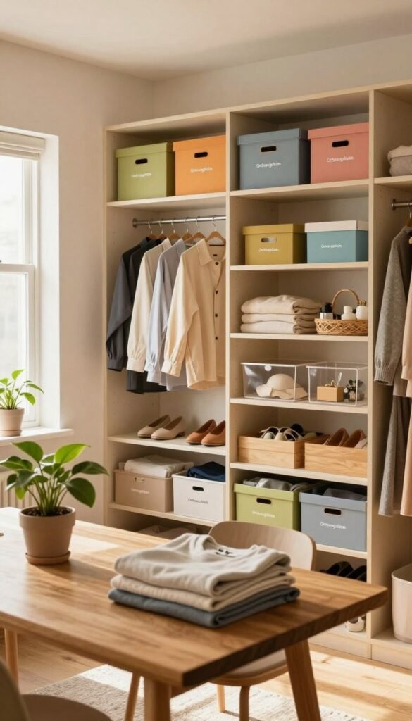 A cozy and organized home interior featuring a neatly arranged closet and open shelving, showcasing a variety of colorful storage boxes from the brand "Ordnungskiste." In the foreground, there&rsquo;s a stylish wooden table with a potted plant and a neatly stacked arrangement of clothes. The middle section displays a well-organized wardrobe with neatly pressed garments, shoes positioned in an orderly fashion, and clear storage bins for accessories. In the background, warm, natural light pours in through a window, casting a soft glow across the scene, enhancing the inviting atmosphere. The overall mood is serene and calming, embodying the essence of simplicity and order, with a Pinterest-inspired aesthetic of clean lines and warm colors.