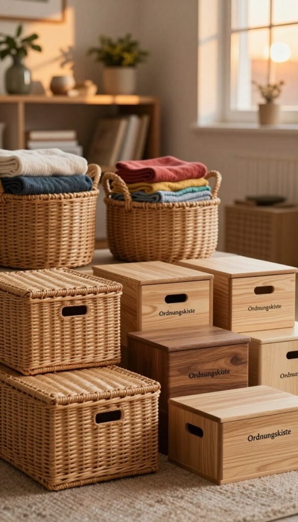 A cozy and organized home interior featuring various stylish storage boxes and baskets. In the foreground, showcase a neatly arranged assortment of "Ordnungskiste" brand storage boxes, made of natural materials like wicker and wood, in warm earthy colors. In the middle ground, display a few elegant woven baskets filled with colorful, neatly folded textiles. The background should include a softly lit shelf with decorative items, plants, and books to enhance the ambiance. The lighting should be warm and inviting, reminiscent of a sunset glow coming through a nearby window. Capture the overall mood of calmness and organization, emphasizing efficiency in storage solutions without any text or distractions. A cozy and organized home interior featuring various stylish storage boxes and baskets. In the foreground, showcase a neatly arranged assortment of "Ordnungskiste" brand storage boxes, made of natural materials like wicker and wood, in warm earthy colors. In the middle ground, display a few elegant woven baskets filled with colorful, neatly folded textiles. The background should include a softly lit shelf with decorative items, plants, and books to enhance the ambiance. The lighting should be warm and inviting, reminiscent of a sunset glow coming through a nearby window. Capture the overall mood of calmness and organization, emphasizing efficiency in storage solutions without any text or distractions.