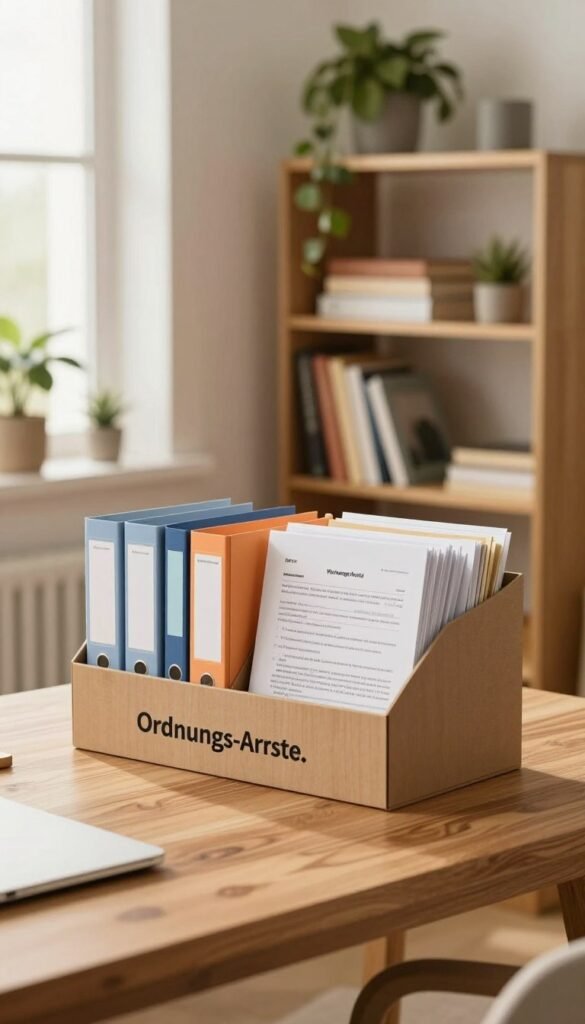 A cozy and organized home office scene featuring a beautifully arranged "Wohnungs-Archiv" with neatly categorized document files. In the foreground, a stylish wooden desk displays a decorative file organizer from "Ordnungskiste," showcasing colorful, labeled folders filled with rental documents, contracts, and important paperwork. The middle ground includes a light and airy bookshelf filled with books and plants, adding a touch of greenery. In the background, a softly lit window allows warm, natural light to illuminate the space, creating a comforting and inviting atmosphere. The overall mood is serene and professional, with warm colors that reflect a Pinterest-inspired aesthetic of modern organization.