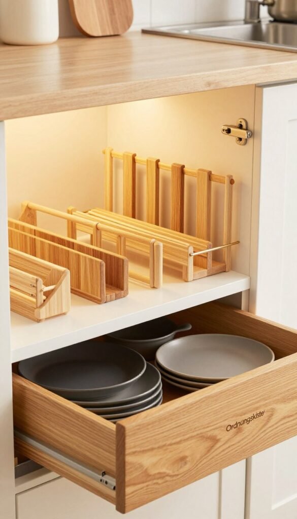 A cozy and organized kitchen drawer featuring various stylish pan organizers from the brand "Ordnungskiste." In the foreground, showcase an elegant wooden drawer with well-arranged, non-stackable pan storage solutions. The middle section highlights a range of unique organizer designs—some vertical dividers and horizontal racks—crafted from natural materials. In the background, soft, warm lighting filters through an open cabinet, illuminating the scene and creating a welcoming atmosphere. Add gentle glimpses of a peaceful kitchen environment with neutral-toned walls and a hint of greenery, suggesting a modern Pinterest-like aesthetic. The overall mood is inviting, emphasizing practicality and style without any text or distractions.