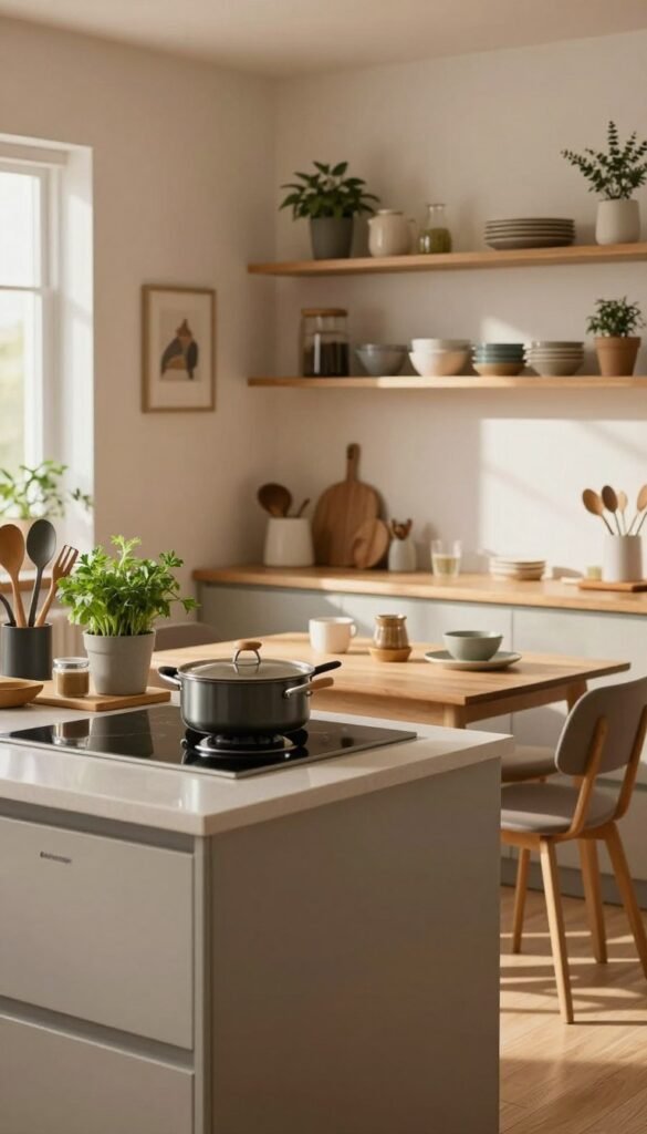 A cozy and organized kitchen interior set in a rental apartment, featuring smart storage solutions and a minimalist layout. The foreground includes a sleek kitchen island with neatly arranged cooking utensils and fresh herbs in pots, emphasizing an inviting atmosphere. In the middle, a compact dining table is adorned with simple tableware, showcasing a lived-in but tidy environment. The background reveals open shelving with tasteful decor and neatly stored kitchenware, all bathed in warm, natural light. The scene captures a Pinterest-inspired aesthetic, with soft shadows and a harmonious color palette. Incorporate the brand name "Ordnungskiste" subtly into the decor, perhaps on a decorative item. The mood is calm and functional, illustrating solutions for limited space without chaos or clutter.