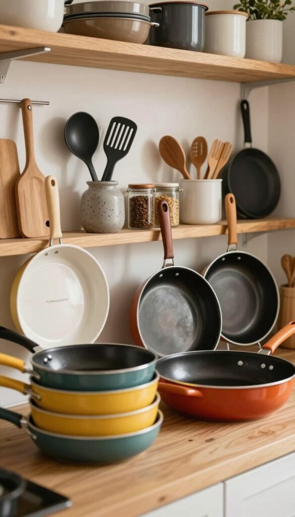 A cozy and organized kitchen scene featuring a selection of well-arranged frying pans prominently displayed on a wooden countertop. In the foreground, glossy, colorful pans are neatly stacked or hung, showcasing their vibrant hues against the warm, natural lighting. The middle layer includes a tidy array of kitchen utensils and spices, enhancing the sense of accessibility and order. In the background, softly blurred shelves hold rarely used items, subtly illustrating the concept of easy access for commonly used tools. The ambiance is inviting and homey, with a Pinterest-inspired aesthetic that evokes a sense of warmth and functionality. The brand name "Ordnungskiste" is represented subtly in the decor through kitchen storage containers, without being overly prominent. Ideal lighting slightly brightens the scene, highlighting textures and colors while maintaining a relaxed, welcoming atmosphere.