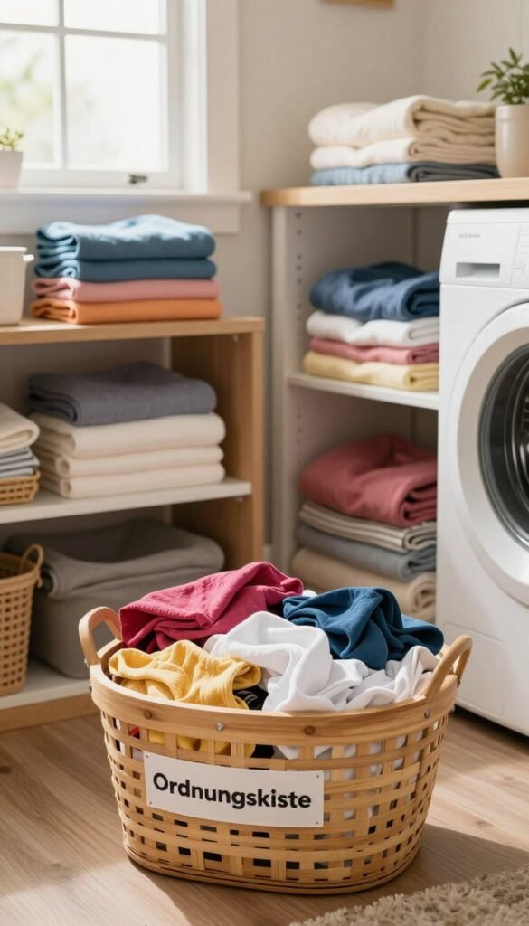A cozy and organized laundry room filled with various baskets and neatly folded clothes, showcasing the idea of managing laundry efficiently. In the foreground, a stylish wooden basket labeled "Ordnungskiste" is overflowing with colorful, fresh laundry. In the middle, there are shelves displaying neatly stacked towels and clothes, creating a sense of order. In the background, softly lit windows allow warm, natural light to flood the room, enhancing the inviting atmosphere. The scene exudes a Pinterest-worthy aesthetic with warm colors and a homey vibe, making it feel both practical and inspiring. The overall mood is one of tranquility and effectiveness, highlighting the journey from chaos to organization.