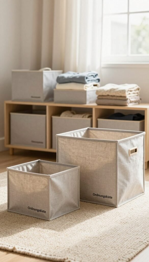 A cozy and organized living space featuring a "Ordnungskiste" set for clothing storage. In the foreground, three stylish fabric storage boxes in varying sizes (small, medium, large) are displayed on a soft, woven rug, showcasing a neutral palette of beige and light gray with subtle texture. In the middle, a neatly arranged shelf holds coordinating boxes, some open to reveal folded garments, highlighting their practical design. The background shows a softly lit room with warm natural light flooding through a window adorned with light curtains, creating a serene and inviting atmosphere. The overall mood is calm and tidy, reflecting a Pinterest-inspired aesthetic. Use a shallow depth of field to focus on the storage boxes, ensuring the environment feels cozy and well-organized.