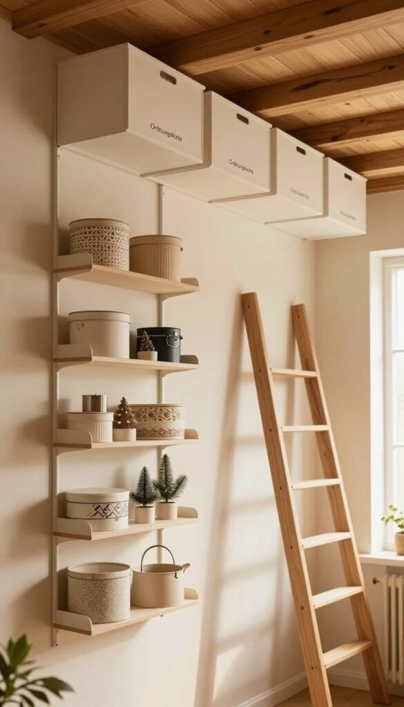 A cozy and organized living space featuring a minimalistic ceiling storage system showcasing the brand "Ordnungskiste". In the foreground, a beautifully crafted hanging system with neatly stored household items, such as decorative boxes and seasonal decorations, creates visual interest. The middle ground presents a softly lit room with warm natural colors, where a stylish ladder leans against the wall, leading up to a wooden ceiling adorned with hanging storage. The background captures a glimpse of a sunlit window, filtering in gentle light, enhancing the serene atmosphere. The overall mood is calm and inviting, reflecting a Pinterest-inspired aesthetic of functional beauty and order, focusing on maximizing vertical storage without the need for new furniture.