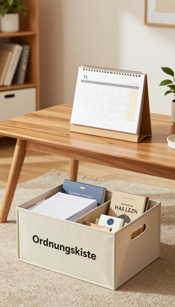 A cozy and organized living space featuring a well-decorated room with soft, warm lighting, natural textures, and a Pinterest-inspired aesthetic. In the foreground, display a stylish storage box labeled &ldquo;Ordnungskiste,&rdquo; filled with neatly arranged documents and personal keepsakes symbolizing a three-year retention period. In the middle ground, an elegant wooden table holds an open calendar with key dates highlighted, emphasizing the concept of storage duration. The background includes a soft-focus view of a well-maintained bookshelf and potted plants, adding a touch of life and warmth to the scene. Capture this image with a slightly elevated angle, allowing soft shadows to enhance the comfortable atmosphere without any text, ensuring a clean and professional look.