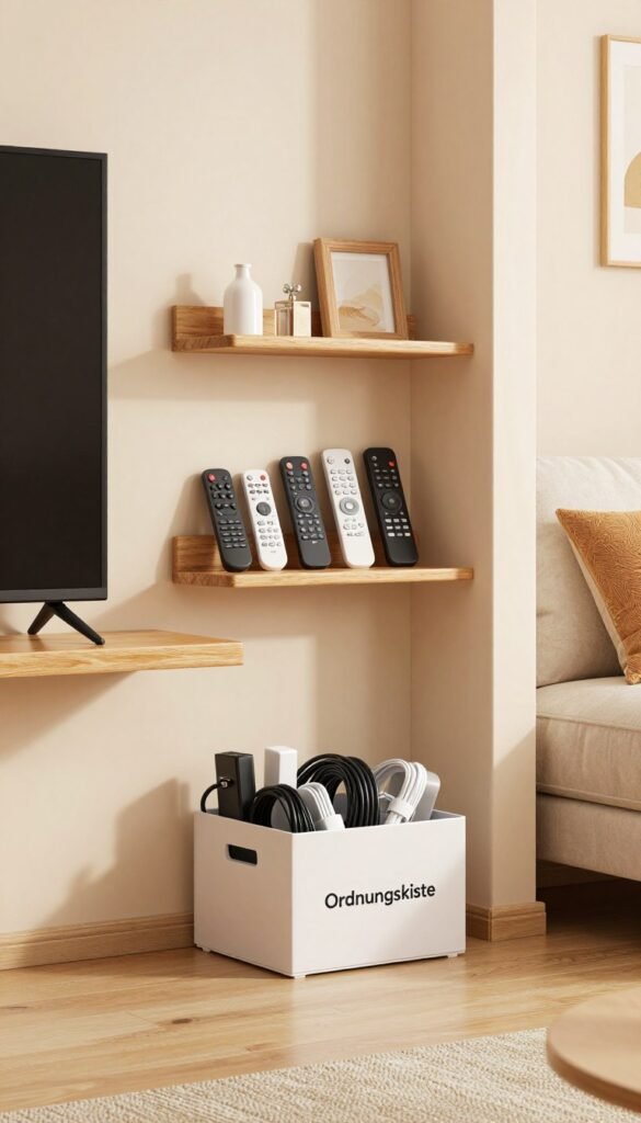 A cozy and organized media corner featuring a sleek television mounted on a soft pastel wall. Gleaming wooden shelves showcase neatly arranged gadgets, remote controls, and decorative pieces. Below, an elegant storage box labeled "Ordnungskiste" sits unobtrusively, filled with cables and accessories, demonstrating effective cable management. Soft, warm lighting illuminates the scene, creating an inviting atmosphere. In the background, a plush sofa with textured cushions complements the overall decor. The angle captures a well-balanced perspective, highlighting the aesthetic of a tidy living space. The mood is serene and harmonious, perfect for a modern, stylish home. No text or watermarks are included in this imagery.