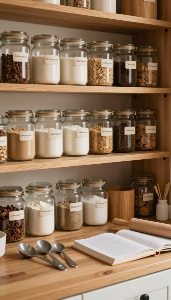 A cozy and organized pantry scene, showcasing a variety of baking ingredients like flour, sugar, and spices neatly stored in glass jars and wooden containers. In the foreground, a wooden countertop features an assortment of baking tools such as measuring cups and spoons, a rolling pin, and a recipe book. In the middle ground, shelves lined with labeled containers, all arranged methodically, suggest an efficient and visually appealing storage system. The background highlights the soft glow of warm, ambient lighting, creating a welcoming atmosphere that emphasizes the importance of cool, dry, and light-protected storage. The overall aesthetic is earthy and inviting, embodying the essence of "Ordnungskiste" while reflecting a Pinterest-inspired, natural look. A cozy and organized pantry scene, showcasing a variety of baking ingredients like flour, sugar, and spices neatly stored in glass jars and wooden containers. In the foreground, a wooden countertop features an assortment of baking tools such as measuring cups and spoons, a rolling pin, and a recipe book. In the middle ground, shelves lined with labeled containers, all arranged methodically, suggest an efficient and visually appealing storage system. The background highlights the soft glow of warm, ambient lighting, creating a welcoming atmosphere that emphasizes the importance of cool, dry, and light-protected storage. The overall aesthetic is earthy and inviting, embodying the essence of "Ordnungskiste" while reflecting a Pinterest-inspired, natural look.