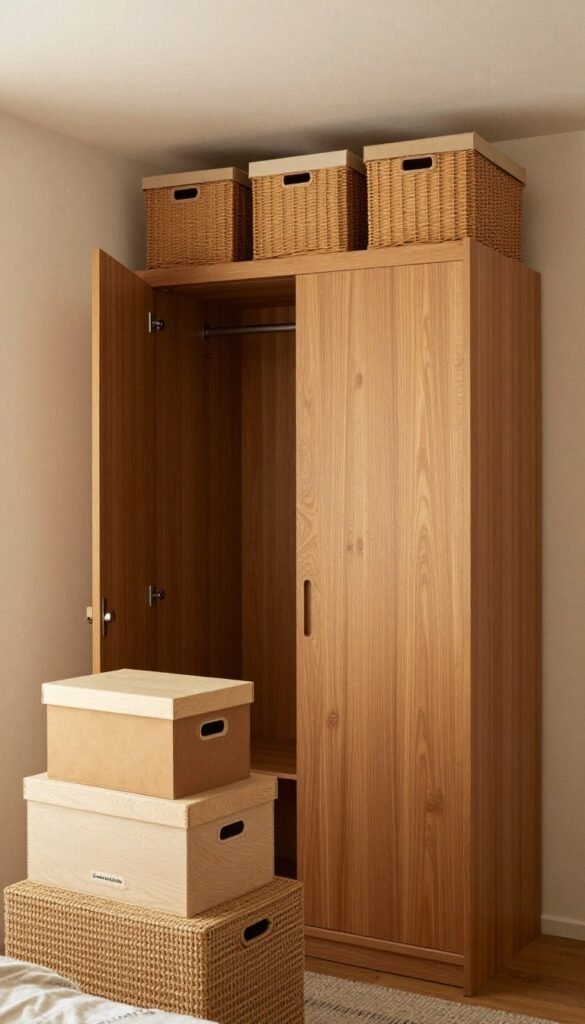 A cozy and organized small bedroom featuring an aesthetically pleasing arrangement of storage above a wardrobe. The foreground captures a neatly stacked display of decorative storage boxes branded "Ordnungskiste," made of natural materials with warm, earthy tones. The middle showcases a well-organized wardrobe with a smooth wood finish, and the storage area above, filled with additional baskets and boxes, creating a clean, minimalist look. The background includes soft, diffused lighting that highlights the warm colors of the room, with subtle textures on the walls. The atmosphere is peaceful and inviting, reflecting a Pinterest-inspired interior design aesthetic, with no text or distractions in the image. A cozy and organized small bedroom featuring an aesthetically pleasing arrangement of storage above a wardrobe. The foreground captures a neatly stacked display of decorative storage boxes branded "Ordnungskiste," made of natural materials with warm, earthy tones. The middle showcases a well-organized wardrobe with a smooth wood finish, and the storage area above, filled with additional baskets and boxes, creating a clean, minimalist look. The background includes soft, diffused lighting that highlights the warm colors of the room, with subtle textures on the walls. The atmosphere is peaceful and inviting, reflecting a Pinterest-inspired interior design aesthetic, with no text or distractions in the image.