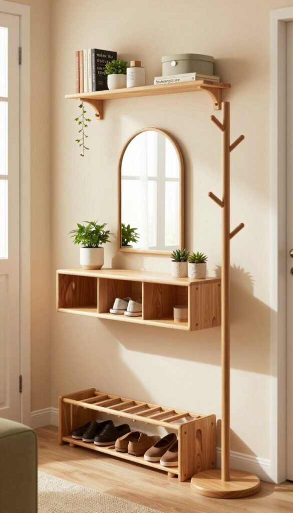 A cozy and organized small hallway showcasing various smart storage solutions from the brand "Ordnungskiste". In the foreground, a stylish wooden shoe rack and a minimalist coat stand are visible, both elegantly designed with warm tones. In the middle, a compact entryway console with decorative plants and a mirror, reflecting a soft, natural light emanating from a nearby window. The background features a serene wall with light pastel colors, adorned with hooks and shelves holding books and decorative boxes. The warm colors create a welcoming mood, while the overall layout reflects a Pinterest-worthy aesthetic of efficiency and charm. The image should capture the essence of modern organization without any text or clutter, inviting the viewer into this tidy and harmonious space. A cozy and organized small hallway showcasing various smart storage solutions from the brand "Ordnungskiste". In the foreground, a stylish wooden shoe rack and a minimalist coat stand are visible, both elegantly designed with warm tones. In the middle, a compact entryway console with decorative plants and a mirror, reflecting a soft, natural light emanating from a nearby window. The background features a serene wall with light pastel colors, adorned with hooks and shelves holding books and decorative boxes. The warm colors create a welcoming mood, while the overall layout reflects a Pinterest-worthy aesthetic of efficiency and charm. The image should capture the essence of modern organization without any text or clutter, inviting the viewer into this tidy and harmonious space.